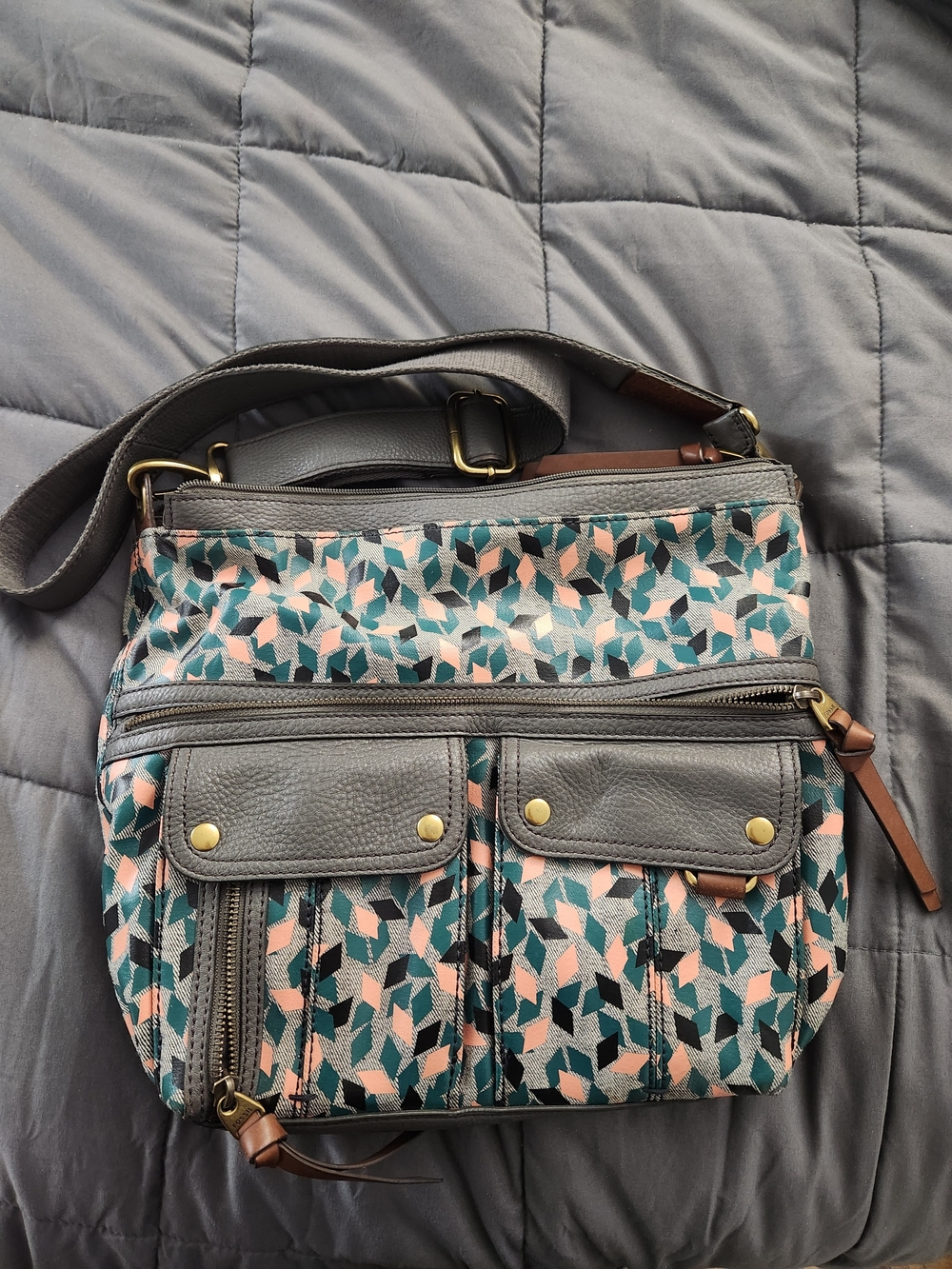 Fossil Teal, Pink and Gray Geometric Crossbody Bag